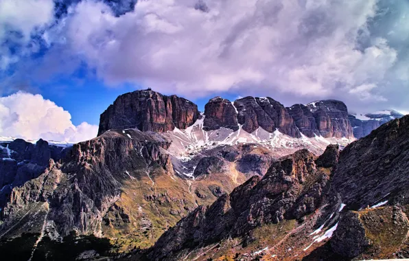 Солнце, облака, горы, камни, скалы, Италия, ущелье, Sella Group
