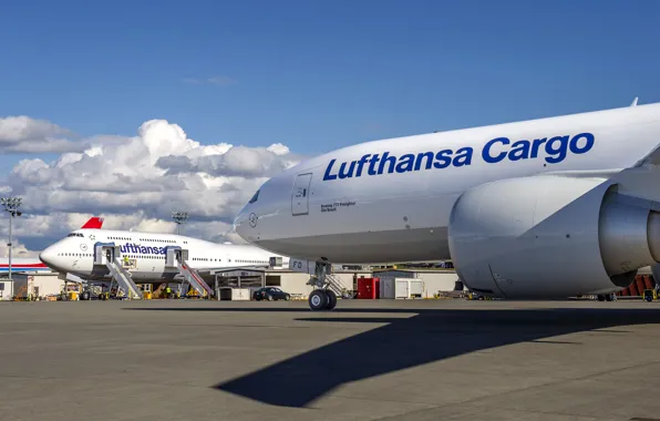 Небо, облака, Аэропорт, Boeing, Lufthansa, 800, Cargo, B-777