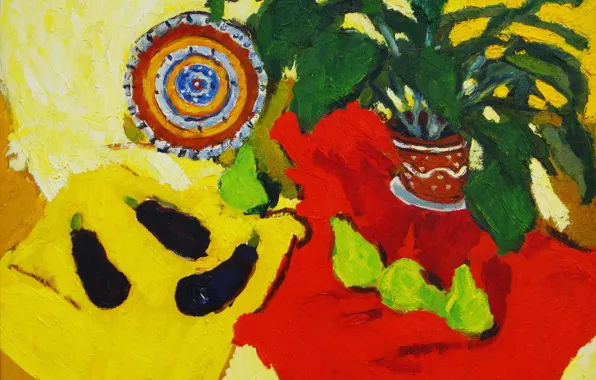 Тарелка, баклажаны, натюрморт, груши, 2007, Петяев