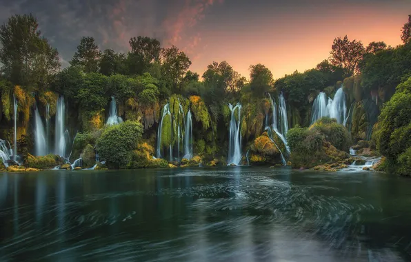 Sunset, waterfall, Scenic