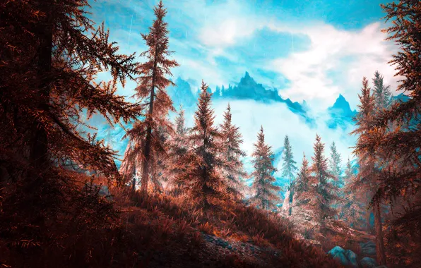 Осень, горы, ели, Skyrim, by WatchTheSkiies