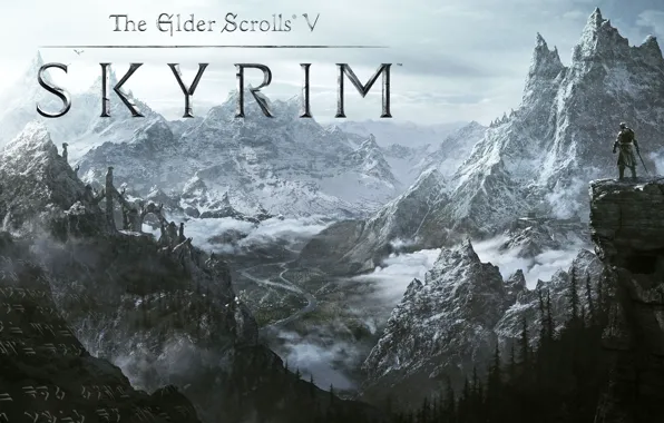 Снег, горы, долина, the elder scrolls, skyrim, скайрим, дувакин