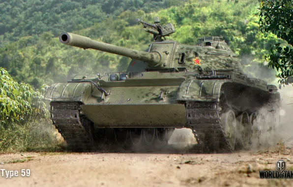 Дорога, лес, пыль, танк, китайский, средний, World of Tanks, Type-59