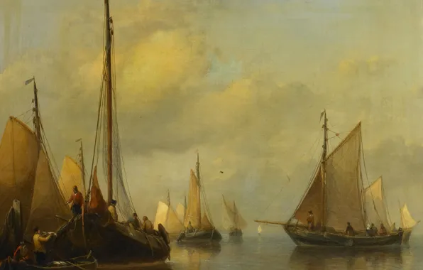 Дерево, масло, картина, парус, Рыбацкие Лодки. Спокойное Море, Anthonie Waldorp