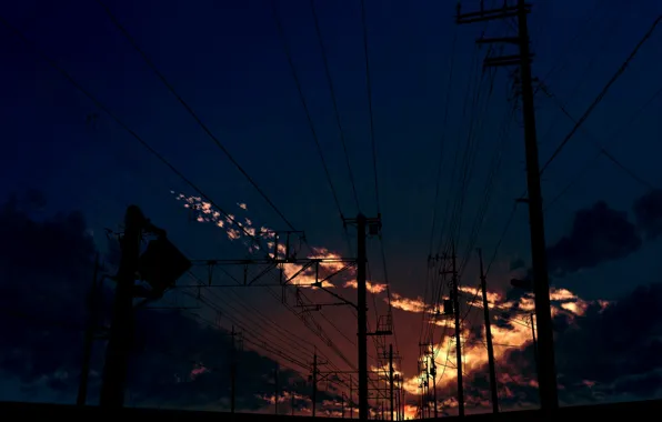 Картинка небо, облака, закат, столбы, провода, арт, kibunya 39