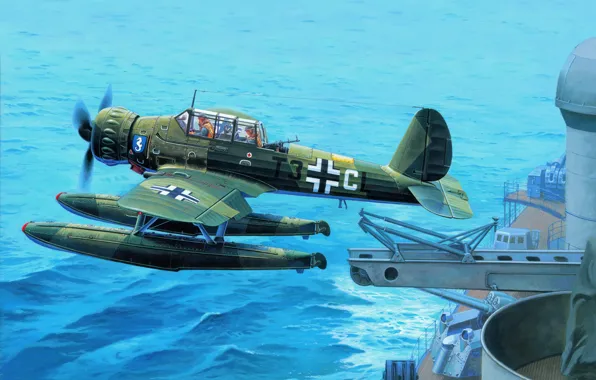 Картинка корабль, арт, военный, катапульта, немецкий, одномоторный, WW2, Arado Ar 196