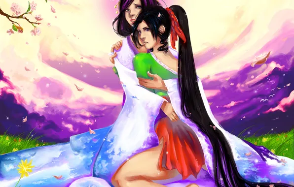 Картинка девушки, аниме, сакура, арт, кимоно, цветение, длинные волосы