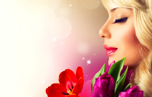 Картинка девушка, цветы, ресницы, весна, тюльпаны, профиль