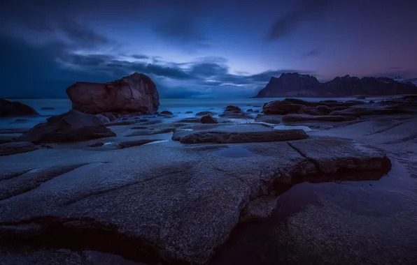 Картинка пейзаж, ночь, океан, скалы