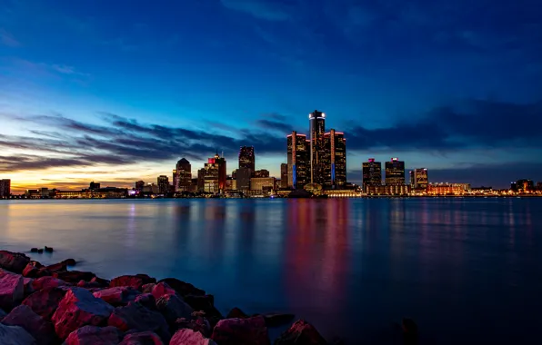 Картинка река, камни, здания, дома, Мичиган, ночной город, небоскрёбы, Detroit
