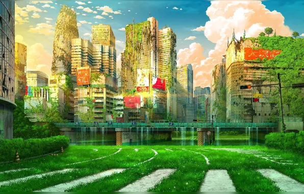 Картинка зелень, мост, Токио, Tokyo, Japan, романтика апокалипсиса, запустение, пешеходный переход