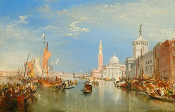 Картинка море, дома, картина, лодки, Venice, городской пейзаж, Уильям Тёрнер, Dogano and Santa Maria della Salute