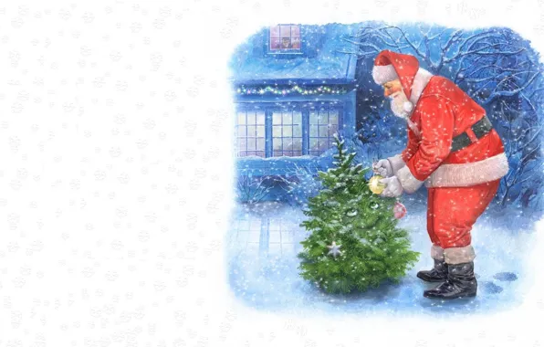 Картинка зима, праздник, арт, Новый год, ёлочка, детская, дед Мороз, Calvin's Christmas