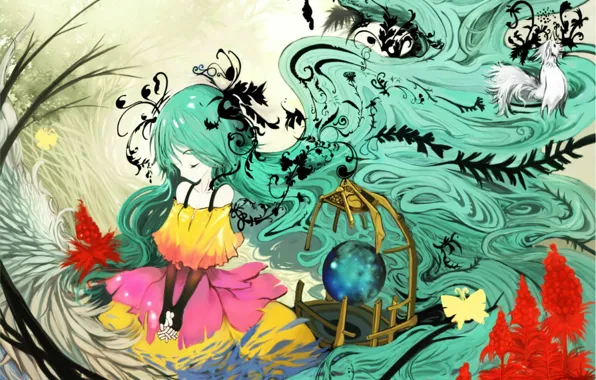 Картинка бабочка, растение, клетка, платье, vocaloid, hatsune miku, длинные волосы, закрытые глаза