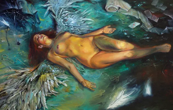 Девушка, зонтик, карта, ангел, живопись, Wlodzimierz Kuklinski