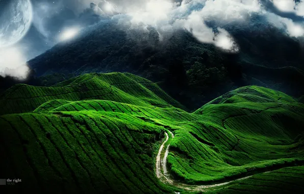 Картинка дорога, зеленый, холмы, планета