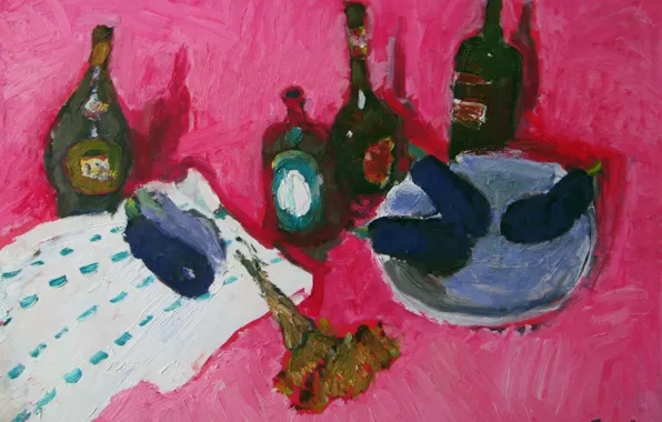 Картинка 2008, баклажаны, натюрморт, коньяк, розовый фон, Петяев