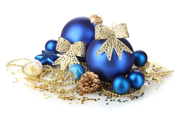 Звезды, украшения, снежинки, шары, игрушки, Новый Год, Рождество, белый фон