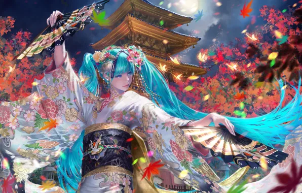 Танец, Япония, веер, пагода, кимоно, vocaloid, полнолуние, Hatsune Miku