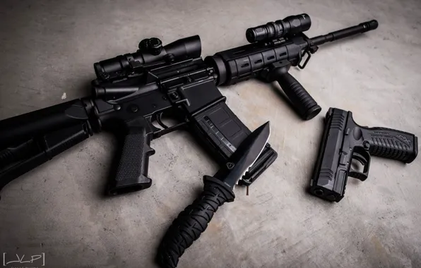 Картинка пистолет, чёрные, нож, автомат, бетон, штурмовая винтовка, Ar-15, комплект