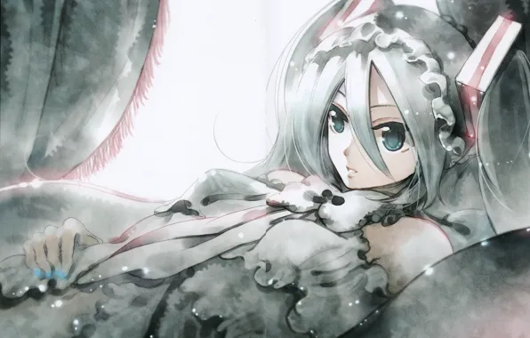 Картинка постель, лежит, шторы, vocaloid, hatsune miku, длинные волосы, art, оборки