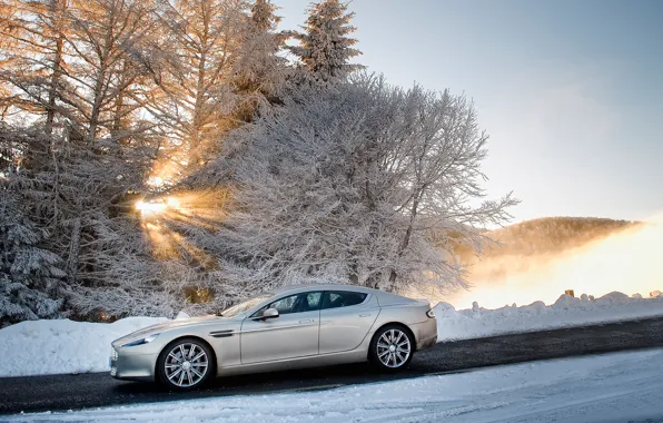 Зима, небо, солнце, снег, деревья, Aston Martin, Rapide, седан