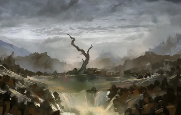 Картинка тучи, река, камни, дерево, водопад, арт, нарисованный пейзаж