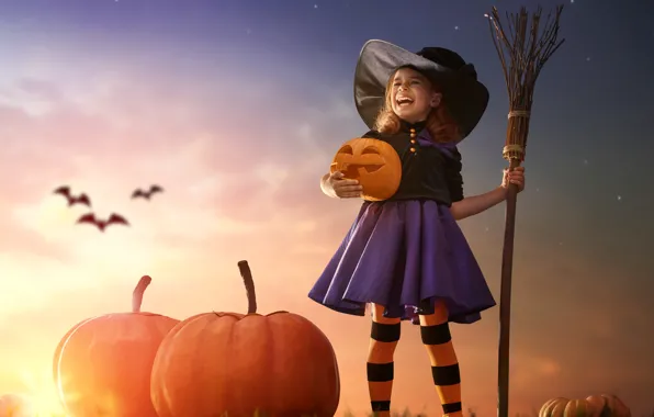 Картинка закат, шляпа, девочка, Halloween, тыква, летучая мышь, girl, Хэллоуин