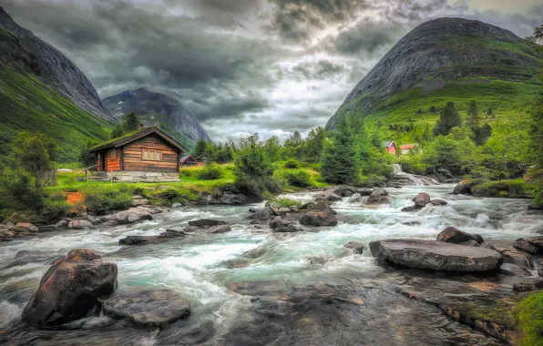 Картинка деревья, горы, река, камни, Норвегия, домики