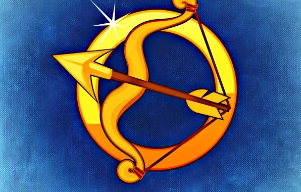 Желтый, рисунок, графика, символ, Стрелец, синий фон, знаки зодиака, символика