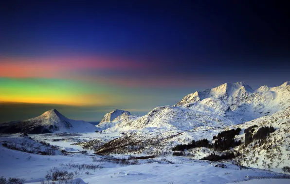 Картинка зима, небо, снег, горы, северное сияние