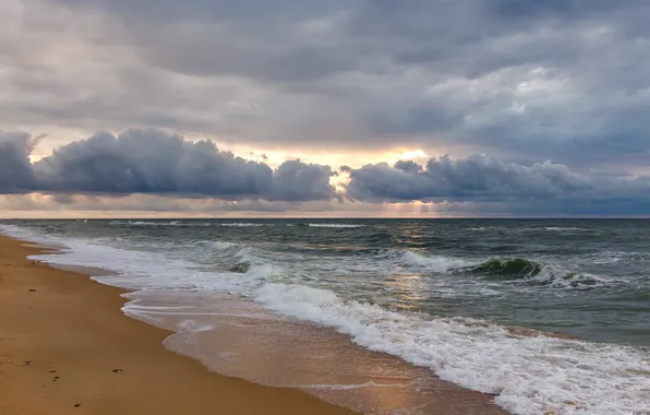 Песок, море, волны, пляж, лето, тучи, waves, summer