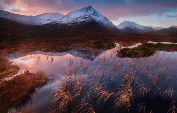 Зима, небо, трава, облака, горы, вечер, Шотландия, озёра