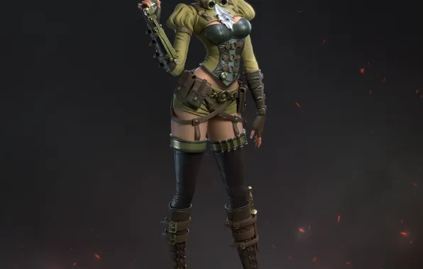 Девушка, Взгляд, Пистолет, Girl, Ноги, Legs, Gun, Арт