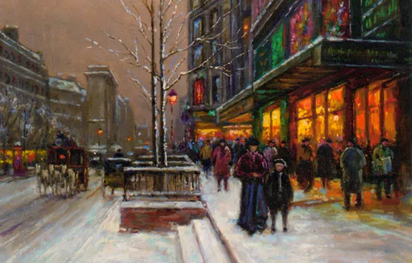 Картинка зима, снег, Париж, вечер, Рождество, Новый год, витрины, Edouard Cortes