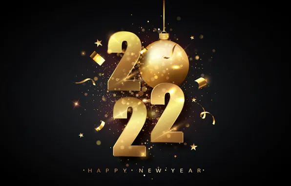 Золото, Новый год, golden, черный фон, new year, happy, decoration, 2022