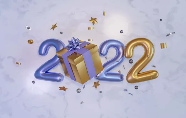 Картинка праздник, коробка, подарок, цифры, Новый год, бантик, звездочки, золотые