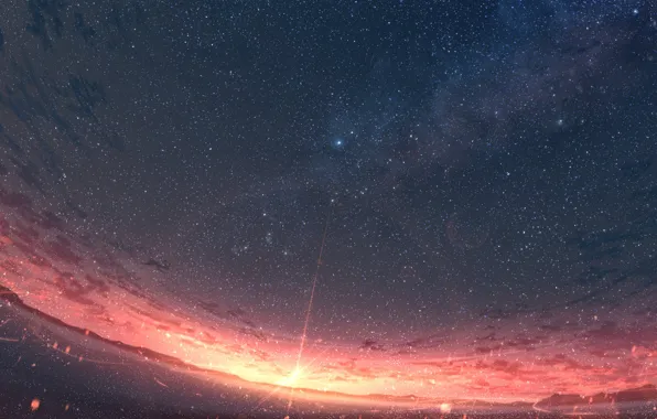 Небо, вода, звезды, закат, Rune Xiao