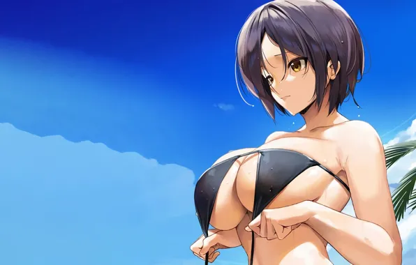 Girl, sexy, wet, cleavage, boobs, anime, beautiful, short hair