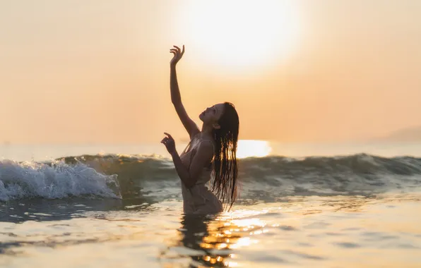 Beautiful, Asian, Model, Beach, Sun, Water, Sunset, Woman