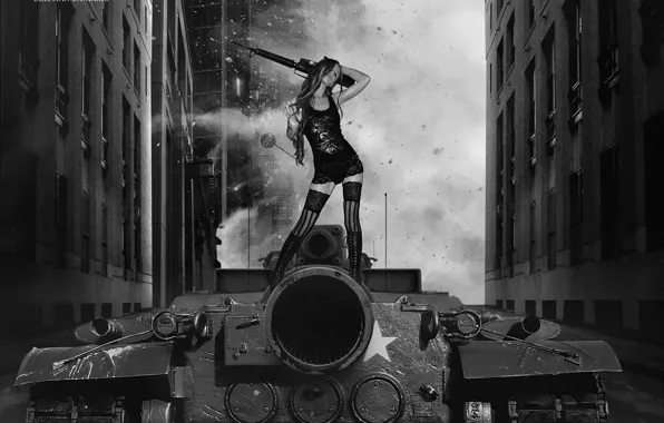 Девушка, оружие, танк