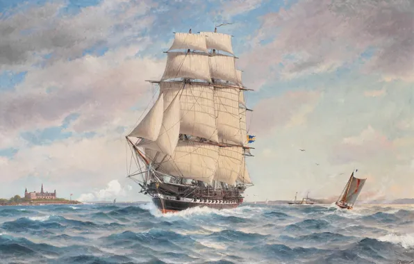 Картинка шведский морской пейзаж, Якоб Хаг, Английский военный корабль, от замка Кронборг в Хельсингере
