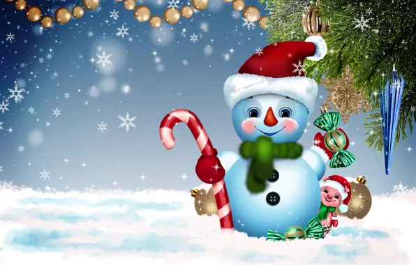 Зима, фон, праздник, новый год, снеговик, символ года, открытка, поросёнок