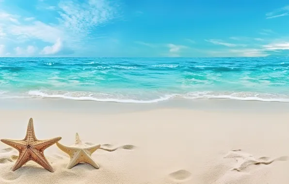 Картинка песок, море, пляж, лето, небо, берег, ракушки, summer