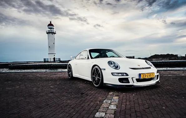 Картинка море, белый, небо, маяк, 911, 997, Porsche, white