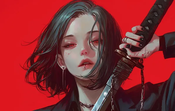 Girl, Anime, Red Eyes, Face, Katana, Red Background, Anime Girl, AI Art