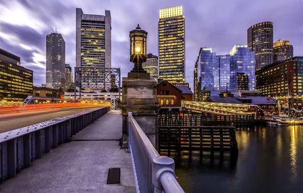 Картинка ночь, мост, огни, река, США, Boston, Massachusetts