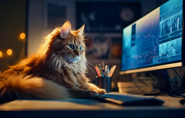 Кошка, компьютер, кот, взгляд, поза, стол, рыжий, клавиатура