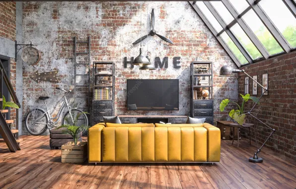 Комната, лестница, гостиная, design with grunge walls loft style, интерьер в индустриальном стиле, дизайн с …
