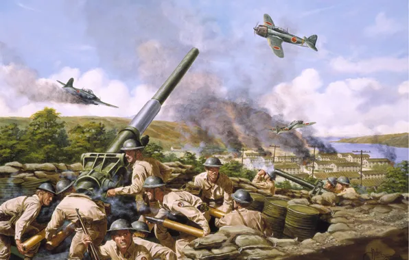 Картинка город, пожар, самолеты, солдаты, пушка, Alaska, 1942, June 3